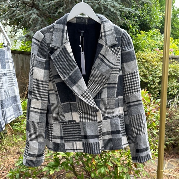 DREW Gray Patchwork Plaid Ginger Double Breasted Blazer Jacket